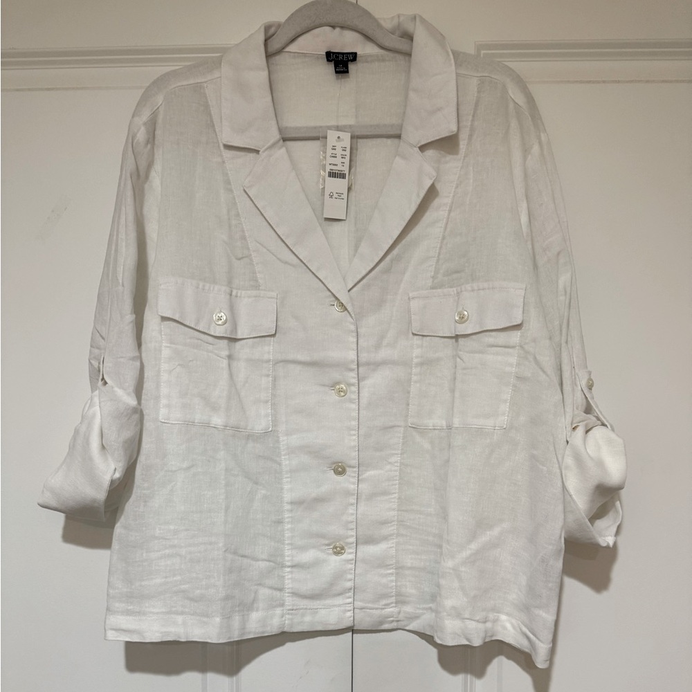 J. Crew White Camp-collar shirt in featherweight linen blend size 14 NWT - Picture 8 of 9